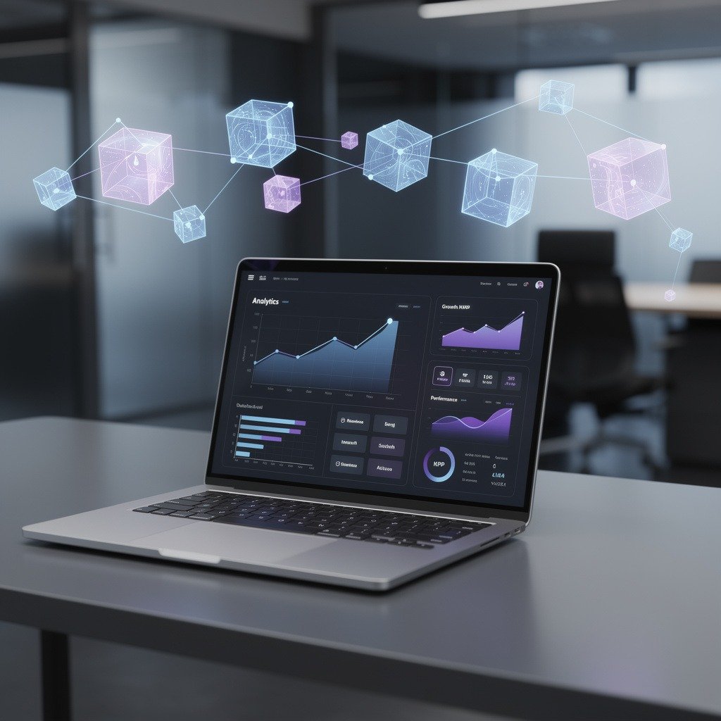 pixelspinx com A high-end editorial featured image representing a modern digital marketing and technology enterprise. The visual features an ultra-clean, minimalistic desk setup with a sleek laptop displaying sleek analytics dashboards, floating glowing blue and violet geometric data nodes, and subtle upward-trending growth graphs. Professional studio lighting, dark slate and cool blue color palette, photorealistic 8k render, corporate executive aesthetic. glorvix com about us